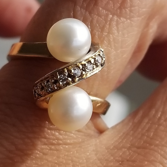 Sale! Vintage 14k toi moi Pearls & diamonds bypass gold ring - Picture 7 of 11